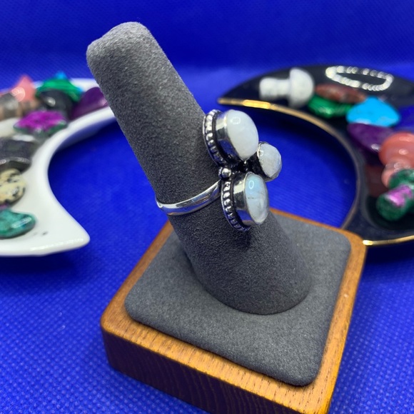 FLASH Moonstone Trio Ring! .925 Sterling Silver Plated, Size 7.25 - Picture 3 of 12